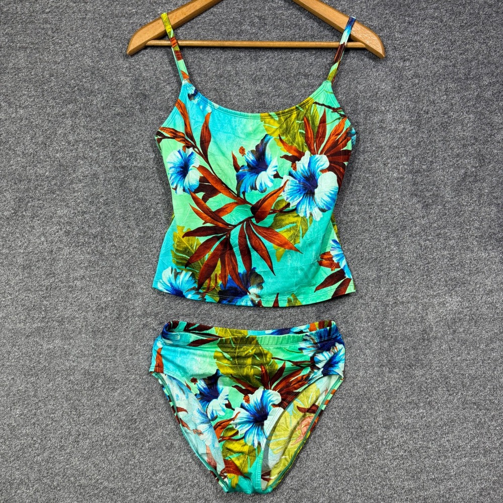Baja Blue Tankini Swimsuit Womens 10 Tropical Floral Set Green‎ Blue Size 10 USA